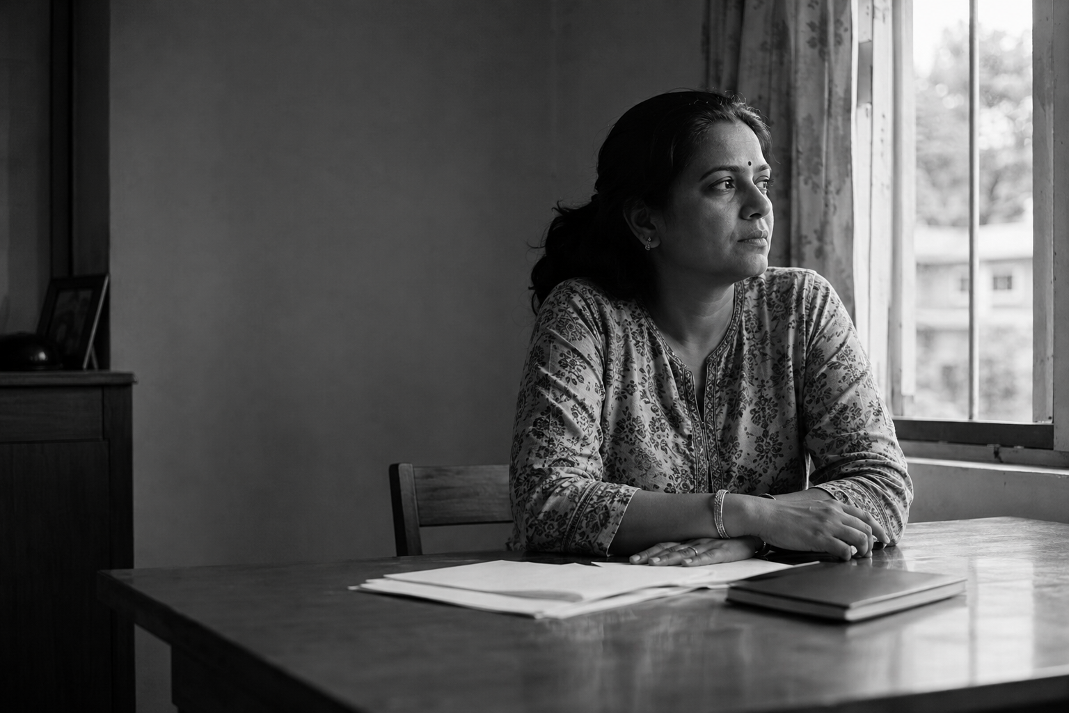 Illustrative portrait of a woman beside a window