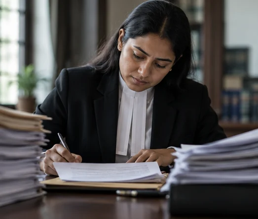 Illustrative lawyer reviewing case documents